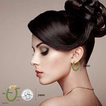 925 Sterling Silver Post Hoop Earrings for Women Gilrs Green Cubic Zirconia 14K Gold Plated Chunky G...