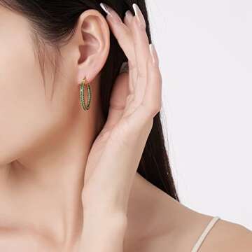 925 Sterling Silver Post Hoop Earrings for Women Gilrs Green Cubic Zirconia 14K Gold Plated Chunky Gold Hoop Earrings weinuo Jewelry