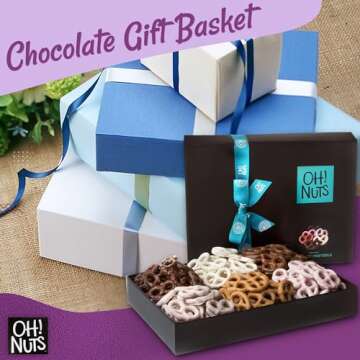 Chocolate Covered Pretzels Gift baskets, 100 + Mini Pretzels of 6 Assorted Flavors | Yogurt, Milk & Dark Chocolate for Birthday, Anniversary, Corporate Tray, Men & Women by Oh Nuts