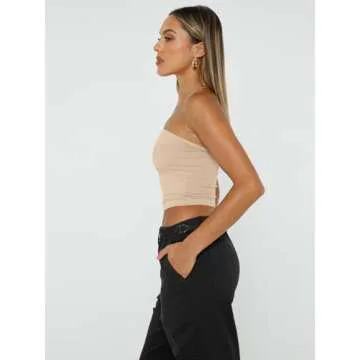 Trendy Queen Womens Tube Tops Strapless Crop Tops Basic Backless Sleeveless Bandeau Going Out Cute 2024 Summer Outfits Khaki XS