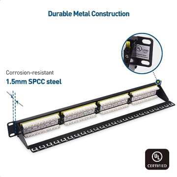 Cable Matters UL Listed Rackmount or Wall Mount 1U 24 Port Network Patch Panel with Support Bar (19-inch Cat6 Patch Panel / RJ45 Patch Panel) for Gigabit Network, 110 or Krone Impact Tools Compatible