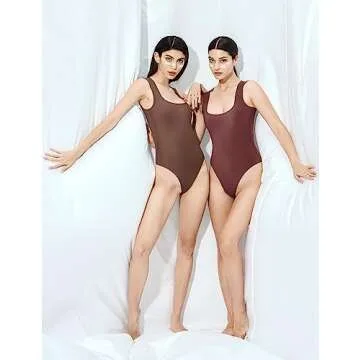 PUMIEY Bodysuit for women Square Neck Sleeveless Body Suit, Tiramisu Large