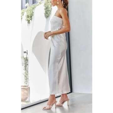 MaxNest Classic Strapless Low Cut Backless Side Slit Bodycon Satin Maxi Dress for Wedding Long Mermaid Formal Evening Gown White, Medium