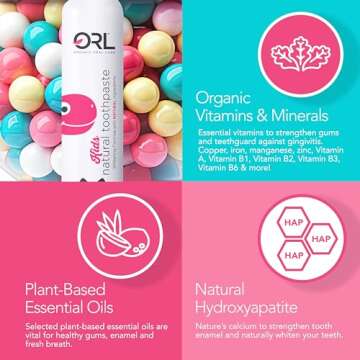 ORL Organic & Natural Bubblegum Toothpaste. Natural Safe Formula Uniquely Created to Clean Your Child’s Mouth, Helps Whiten Their Teeth Without Harmful Ingredients. Fluoride Free.