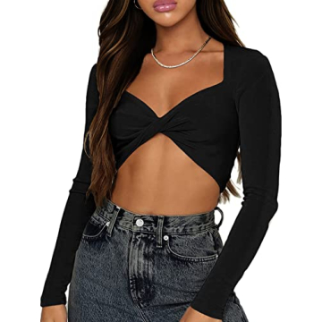 SOFIA'S CHOICE Women's V Neck Knot Front Crop Top in Black