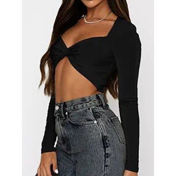 SOFIA'S CHOICE Women's V Neck Knot Front Crop Top in Black