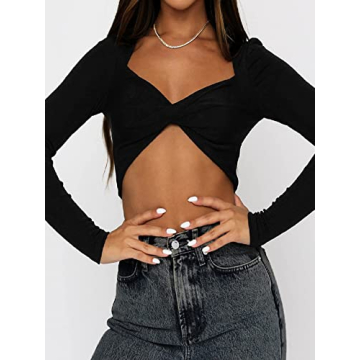 SOFIA'S CHOICE Women's V Neck Knot Front Crop Top in Black