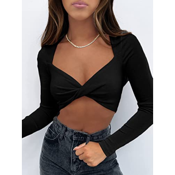 SOFIA'S CHOICE Women's V Neck Knot Front Crop Top in Black