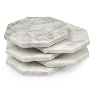 White Carrara Marble Coasters Set with Bamboo Holder