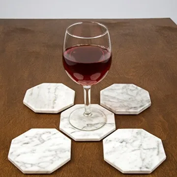 White Carrara Marble Coasters Set with Bamboo Holder
