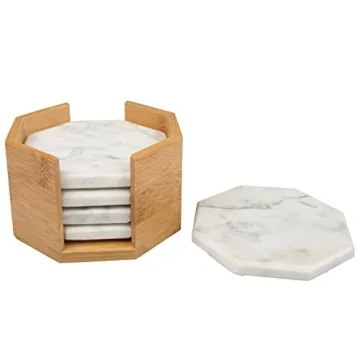 White Carrara Marble Coasters Set with Bamboo Holder