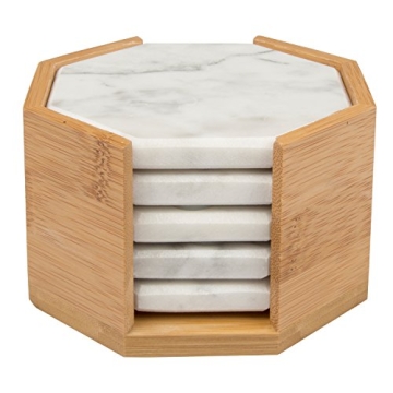 White Carrara Marble Coasters Set with Bamboo Holder