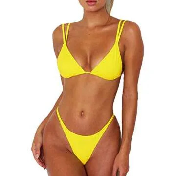 Haloon Bisting Womens Double Strap High Waist Thong Bikini Sets Trianlge Swimwear Yellow M