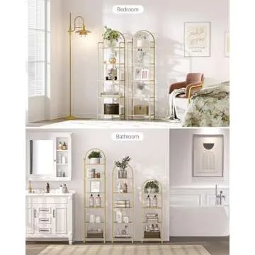 Hzuaneri Bookcase Bookshelf, Tempered Glass Bookshelves, Slim Shelving Unit for Bedroom, Bathroom, Home Office, Steel Frame, 6 Tier Gold BC10601G