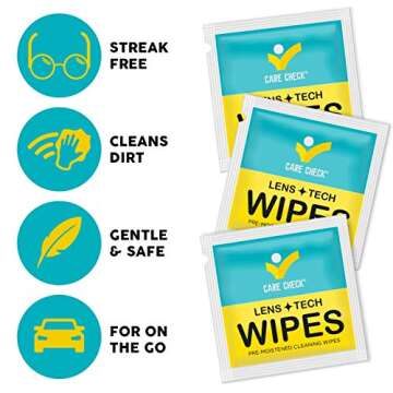 Care Check Lens Wipes - 150 Pre-Moistened Tech & Lens Cleaning Wipes for Cameras, Laptops, Cell Phones, Eyeglasses, Screens, Electronics, and More - Individually Wrapped