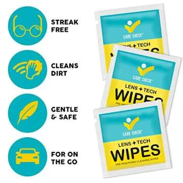 Care Check Lens Wipes - 150 Pre-Moistened Tech & Lens Cleaning Wipes for Cameras, Laptops, Cell Phones, Eyeglasses, Screens, Electronics, and More - Individually Wrapped