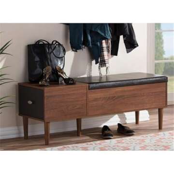 BAXTON STUDIO Merrick Mid-Century Retro Modern 1 Drawer and Wood Cushioned Bench Shoe Rack Cabinet Organizer, Dark Brown