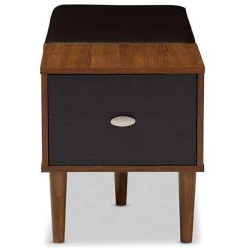 BAXTON STUDIO Merrick Mid-Century Retro Modern 1 Drawer and Wood Cushioned Bench Shoe Rack Cabinet Organizer, Dark Brown