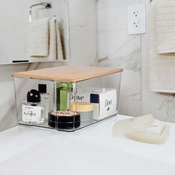 Hudgan 4 Pack Clear Plastic Storage Bins with Bamboo Lids, Stackable Storage Containers for Organizing Medicine Cabinet Organizer, Craft Room, Bread Box