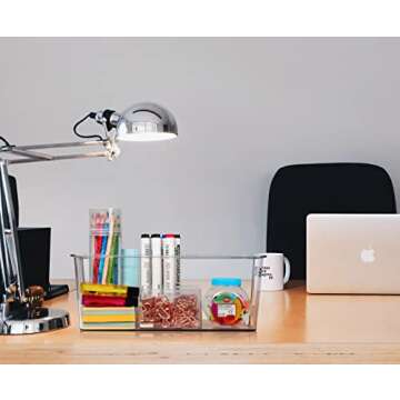 Hudgan 4 Pack Clear Plastic Storage Bins with Bamboo Lids, Stackable Storage Containers for Organizing Medicine Cabinet Organizer, Craft Room, Bread Box