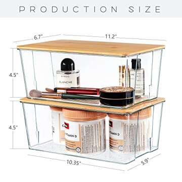 Hudgan 4 Pack Clear Plastic Storage Bins with Bamboo Lids, Stackable Storage Containers for Organizing Medicine Cabinet Organizer, Craft Room, Bread Box