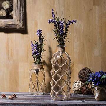 MyGift Coastal Style Decorative Glass Bottles with Rope Wrapping, Decorative Flower Vase, Set of 2
