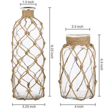 MyGift Coastal Style Decorative Glass Bottles with Rope Wrapping, Decorative Flower Vase, Set of 2