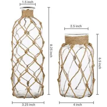 MyGift Coastal Style Decorative Glass Bottles with Rope Wrapping, Decorative Flower Vase, Set of 2