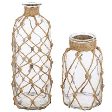 MyGift Coastal Style Decorative Glass Bottles with Rope Wrapping, Decorative Flower Vase, Set of 2
