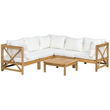 Outsunny 6 Piece Wood Patio Furniture Set - Stylish Outdoor Sectional Sofa with Cushions