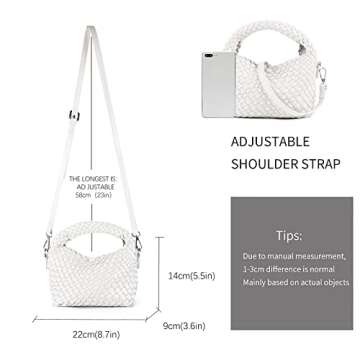 Women Woven Tote Small Crossbody Bag, Weave Quilted Purse Square Shoulder Bag Woven Handbag with Detachable Strap (White)