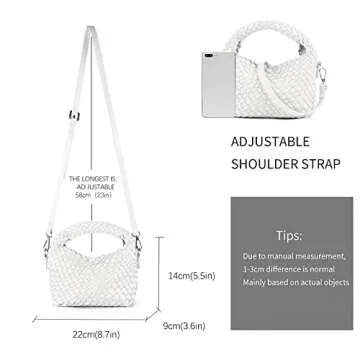 Women Woven Tote Small Crossbody Bag, Weave Quilted Purse Square Shoulder Bag Woven Handbag with Detachable Strap (White)