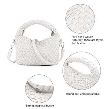 Women Woven Tote Small Crossbody Bag, Weave Quilted Purse Square Shoulder Bag Woven Handbag with Detachable Strap (White)