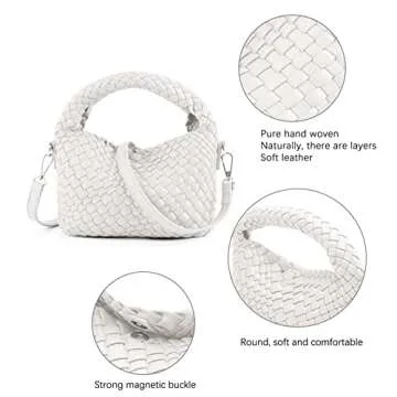 Women Woven Tote Small Crossbody Bag, Weave Quilted Purse Square Shoulder Bag Woven Handbag with Detachable Strap (White)