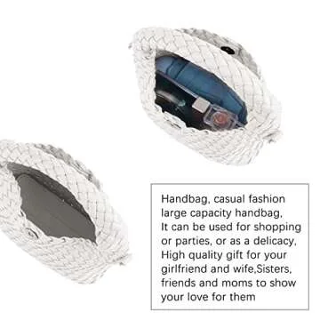 Women Woven Tote Small Crossbody Bag, Weave Quilted Purse Square Shoulder Bag Woven Handbag with Detachable Strap (White)