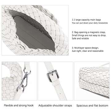 Women Woven Tote Small Crossbody Bag, Weave Quilted Purse Square Shoulder Bag Woven Handbag with Detachable Strap (White)