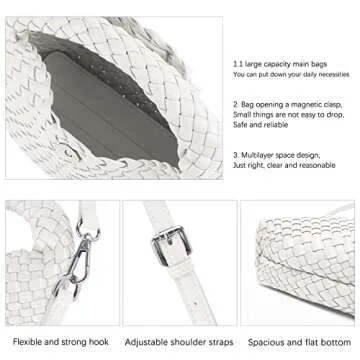 Women Woven Tote Small Crossbody Bag, Weave Quilted Purse Square Shoulder Bag Woven Handbag with Detachable Strap (White)