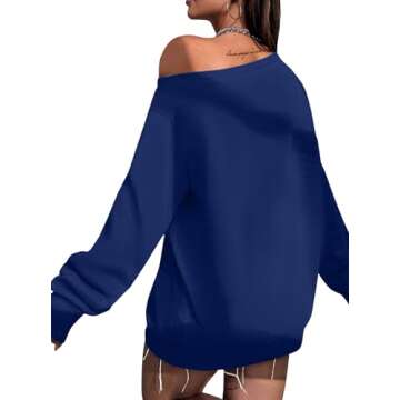 Remidoo Womens Off Shoulder Sweatshirt Drop Shoulder Oversized Long Sleeve Pullover Top Blue Medium