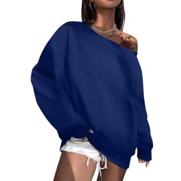 Remidoo Womens Off Shoulder Sweatshirt Drop Shoulder Oversized Long Sleeve Pullover Top Blue Medium