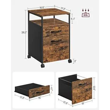 VASAGLE File Cabinet, Mobile Filing Cabinet with Wheels, 2 Drawers, Open Shelf, for A4, Letter Size, Hanging File Folders, Rustic Brown and Ink Black UOFC71X