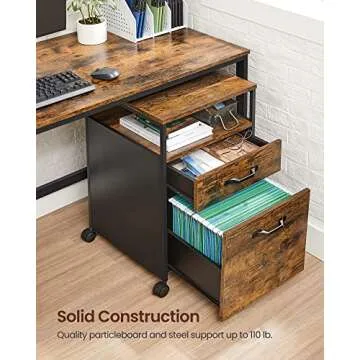 VASAGLE File Cabinet, Mobile Filing Cabinet with Wheels, 2 Drawers, Open Shelf, for A4, Letter Size, Hanging File Folders, Rustic Brown and Ink Black UOFC71X