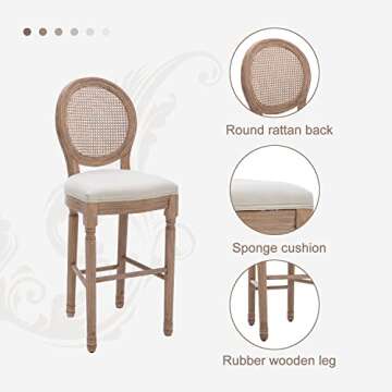 Virabit French Country Bar Stool Set of 2, Rattan Counter Height Chairs with Solid Wood Frame and Up...