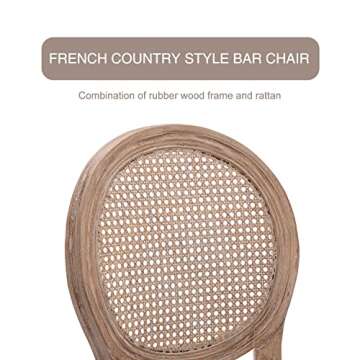 Virabit French Country Bar Stool Set of 2, Rattan Counter Height Chairs with Solid Wood Frame and Upholstered Seating, 26 Inch Bar Stools