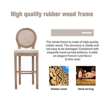 Virabit French Country Bar Stool Set of 2, Rattan Counter Height Chairs with Solid Wood Frame and Upholstered Seating, 26 Inch Bar Stools