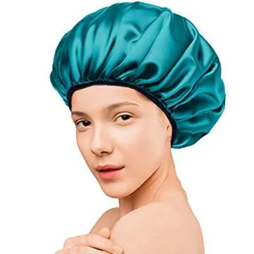 Aquior Shower Cap,Extra Large Triple Layer Bathing Cap with Dry Hair Function for Women Microfiber Terry Cloth Silky Satin 100% Waterproof Reusable Long Hair Bath Caps (Green)