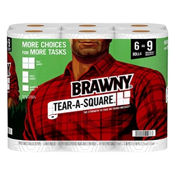 Brawny Tear-A-Square Paper Towels, 6 Giant Rolls = 9 Regular Rolls, 3 Sheet Size Options, Quarter Si...