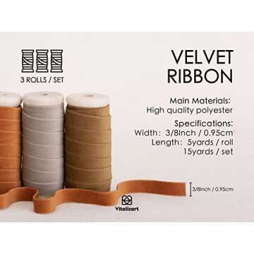 Vitalizart Fall Velvet Ribbon Set 3/8" x 15 Yd Wooden Spool Fabric Trim 3 Rolls * 5 Yd for Christmas Wreath Decoration Handmade Craft Ornaments Gift Wrapping & Bow Making