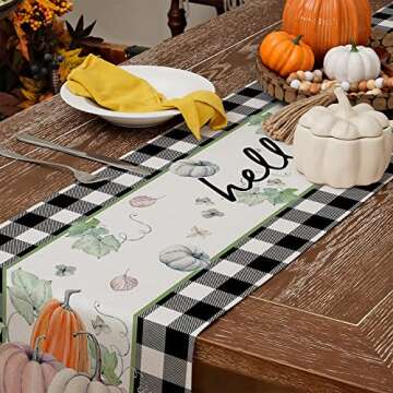 GEEORY Fall Table Runner 13x72 Inch, Buffalo Plaid Check Pumpkins Leaves Farmhouse Table Decoration for Kitchen Dinning, Indoor Outdoor Dinner Party (Orange White Pumpkins) GT120-72