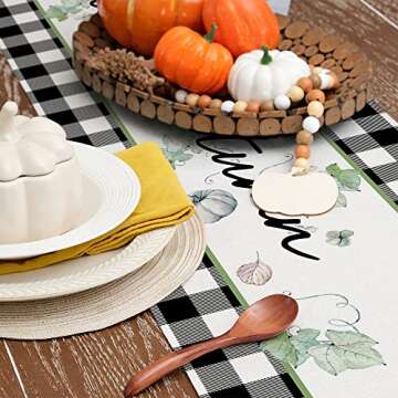 GEEORY Fall Table Runner 13x72 Inch, Buffalo Plaid Check Pumpkins Leaves Farmhouse Table Decoration for Kitchen Dinning, Indoor Outdoor Dinner Party (Orange White Pumpkins) GT120-72