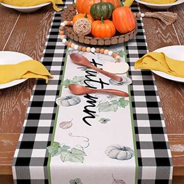 GEEORY Fall Table Runner 13x72 Inch, Buffalo Plaid Check Pumpkins Leaves Farmhouse Table Decoration for Kitchen Dinning, Indoor Outdoor Dinner Party (Orange White Pumpkins) GT120-72
